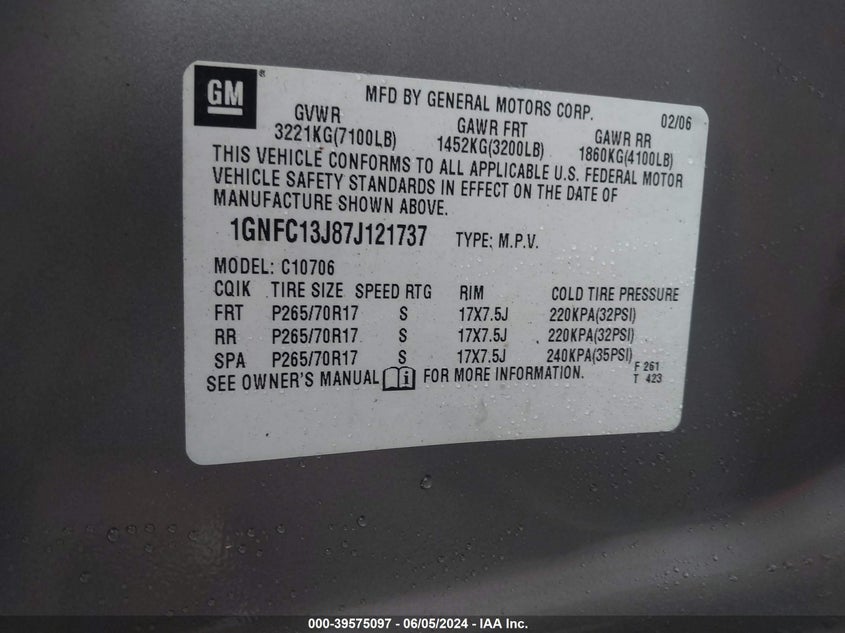 2007 Chevrolet Tahoe Lt VIN: 1GNFC13J87J121737 Lot: 39575097
