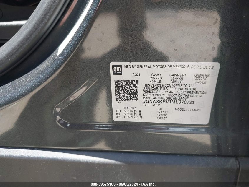 2021 Chevrolet Equinox Fwd Lt VIN: 3GNAXKEV1ML370731 Lot: 39575105