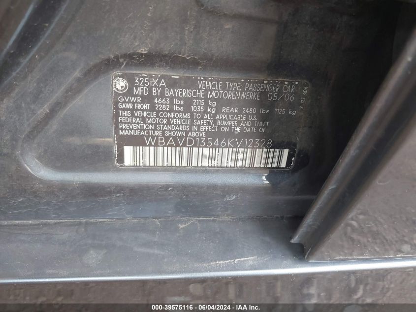 2006 BMW 325Xi VIN: WBAVD13546KV12328 Lot: 39575116