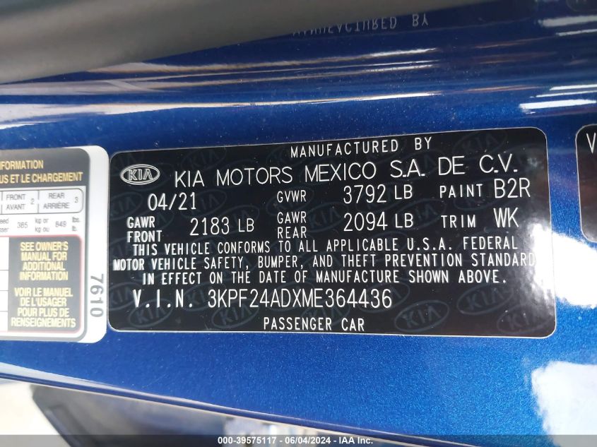 2021 Kia Forte Lxs VIN: 3KPF24ADXME364436 Lot: 39575117