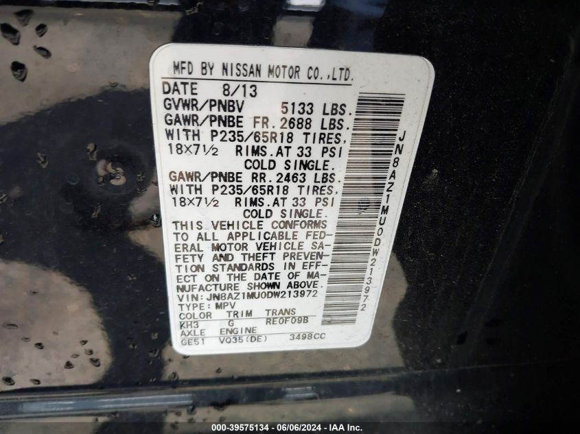 2013 Nissan Murano Sl VIN: JN8AZ1MU0DW213972 Lot: 39575134