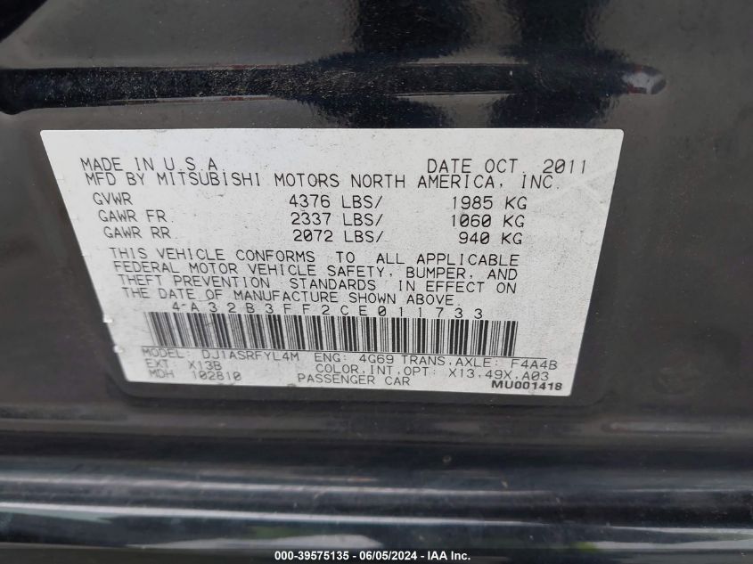 2012 Mitsubishi Galant Es/Se VIN: 4A32B3FF2CE011733 Lot: 39575135