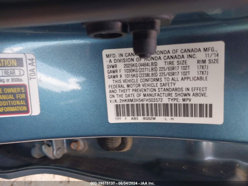 2015 Honda Cr-V Ex VIN: 2HKRM3H54FH503572 Lot: 39575137