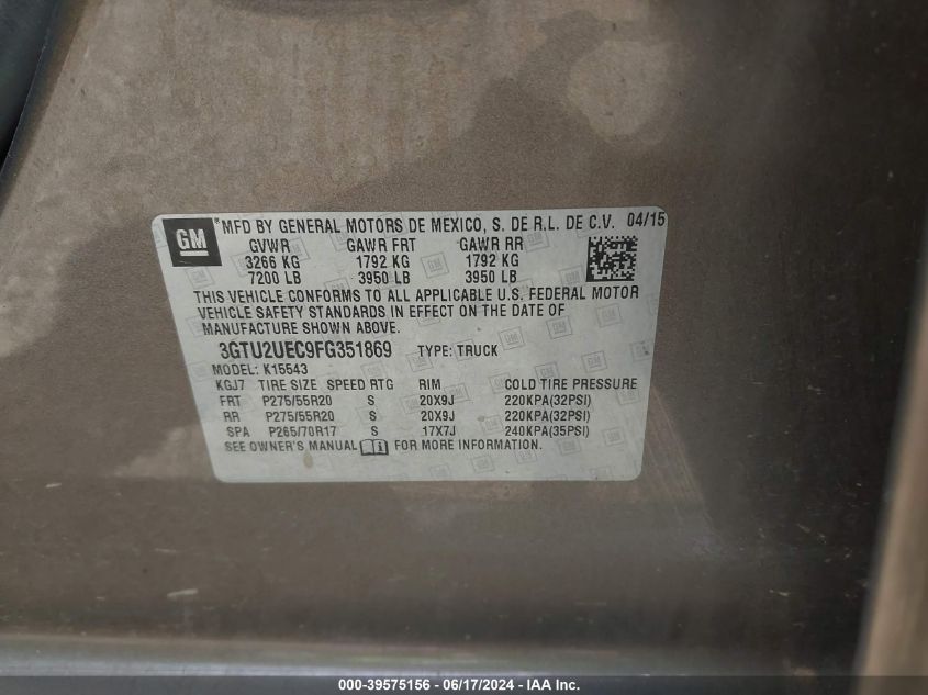 2015 GMC Sierra 1500 Sle VIN: 3GTU2UEC9FG351869 Lot: 39575156
