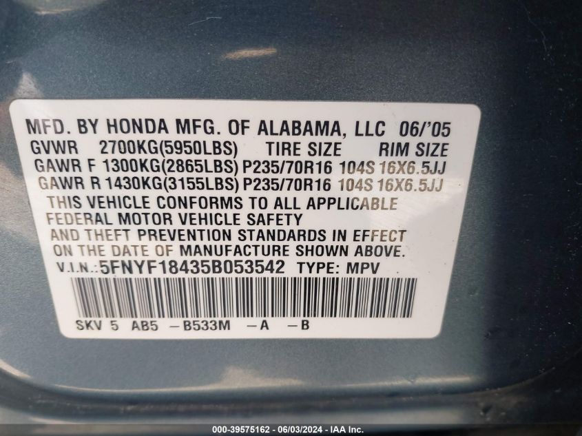 2005 Honda Pilot Ex VIN: 5FNYF18435B053542 Lot: 39575162