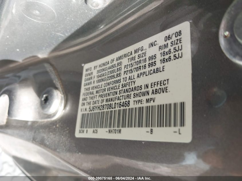 2008 Honda Element Ex VIN: 5J6YH28708L016468 Lot: 39575165