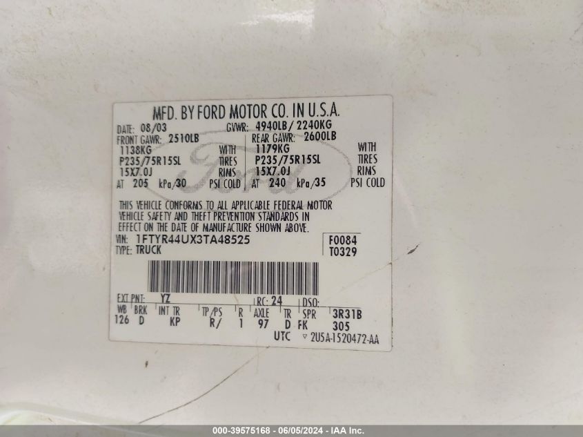 2003 Ford Ranger Edge/Tremor/Xlt VIN: 1FTYR44UX3TA48525 Lot: 39575168