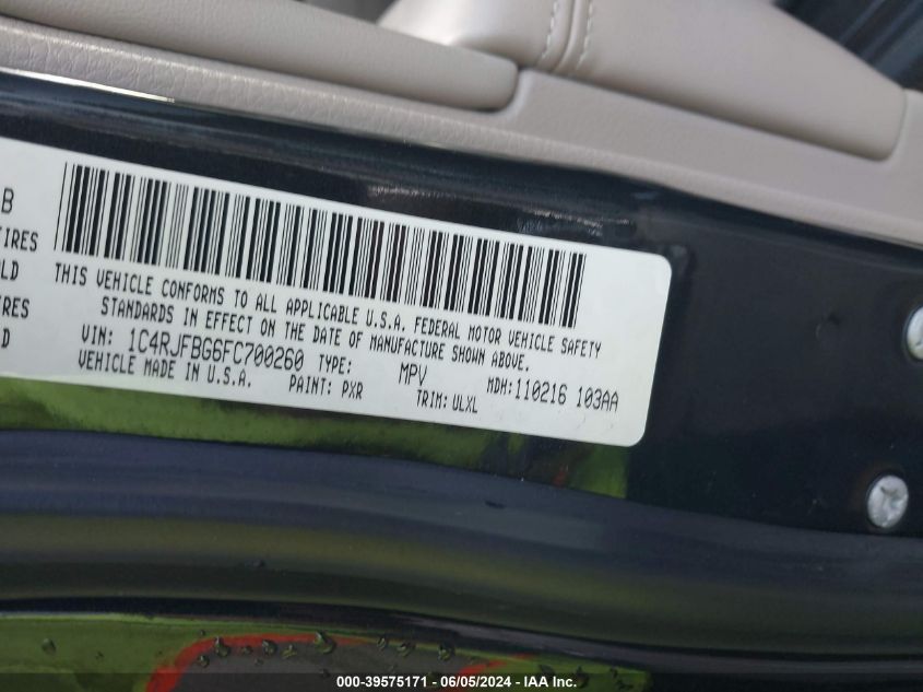 2015 Jeep Grand Cherokee Limited VIN: 1C4RJFBG6FC700260 Lot: 39575171