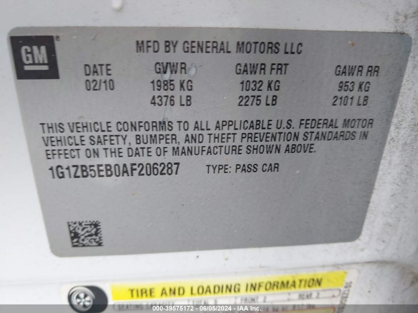 2010 Chevrolet Malibu Ls VIN: 1G1ZB5EB0AF206287 Lot: 39575172