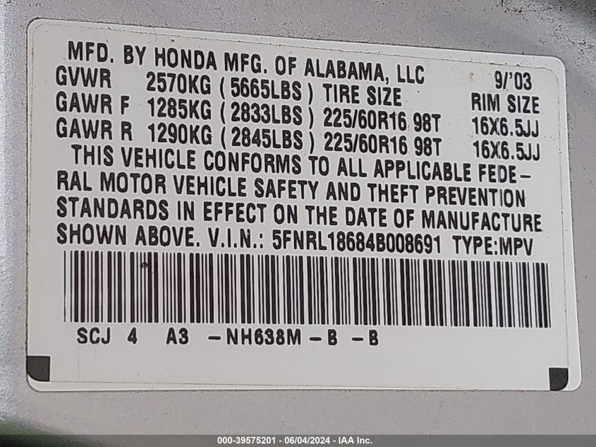 2004 Honda Odyssey Ex VIN: 5FNRL18684B008691 Lot: 39575201