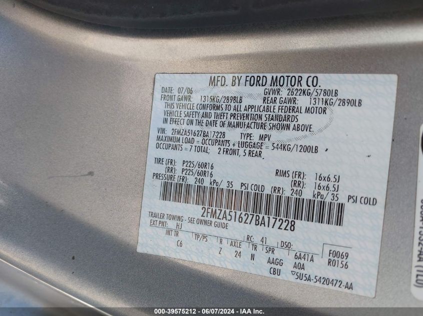 2007 Ford Freestar Se VIN: 2FMZA51627BA17228 Lot: 39575212