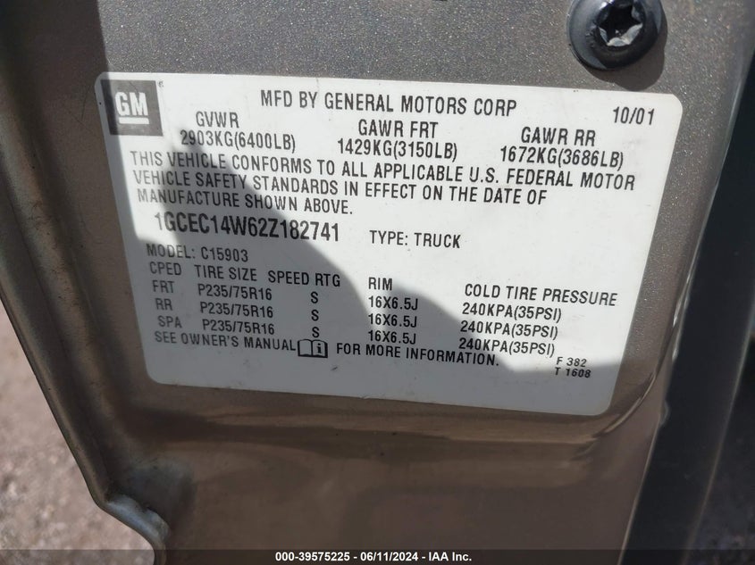 2002 Chevrolet Silverado 1500 Commercial VIN: 1GCEC14W62Z182741 Lot: 39575225