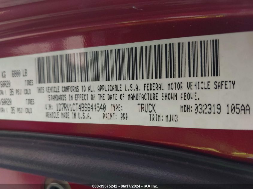 2011 Ram Ram 1500 Slt VIN: 1D7RV1CT4BS644540 Lot: 39575242