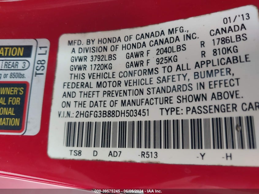 2013 Honda Civic Ex VIN: 2HGFG3B88DH503451 Lot: 39575245