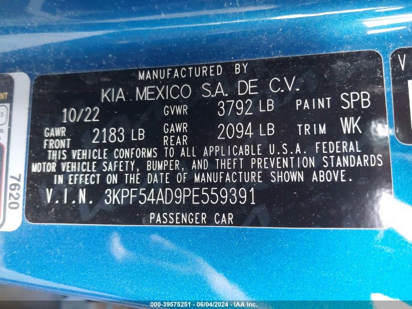 2023 Kia Forte Gt-Line VIN: 3KPF54AD9PE559391 Lot: 39575251