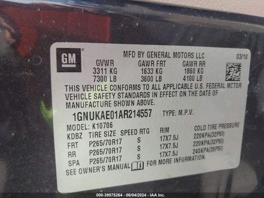 2010 Chevrolet Tahoe Ls VIN: 1GNUKAE01AR214557 Lot: 39575264