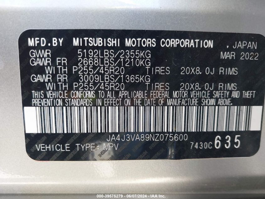 2022 Mitsubishi Outlander Sel 2.5 2Wd/Sel Special Edition 2Wd VIN: JA4J3VA89NZ075600 Lot: 39575279