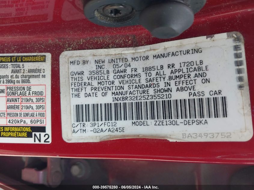 2005 Toyota Corolla S VIN: 1NXBR32E25Z355210 Lot: 39575280