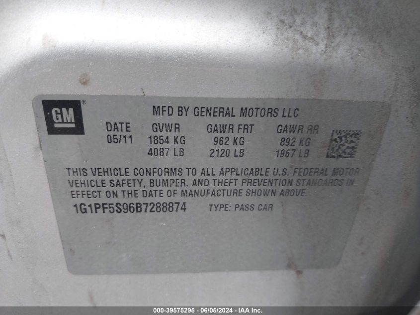 2011 Chevrolet Cruze 1Lt VIN: 1G1PF5S96B7288874 Lot: 39575295