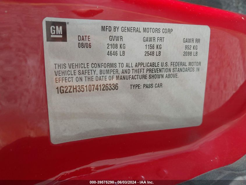 2007 Pontiac G6 Gt VIN: 1G2ZH351074126336 Lot: 39575298