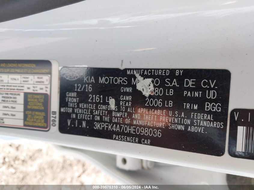 2017 Kia Forte Lx VIN: 3KPFK4A70HE098036 Lot: 39575310