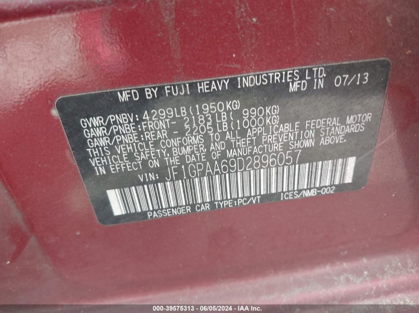 2013 Subaru Impreza 2.0I VIN: JF1GPAA69D2896057 Lot: 39575313