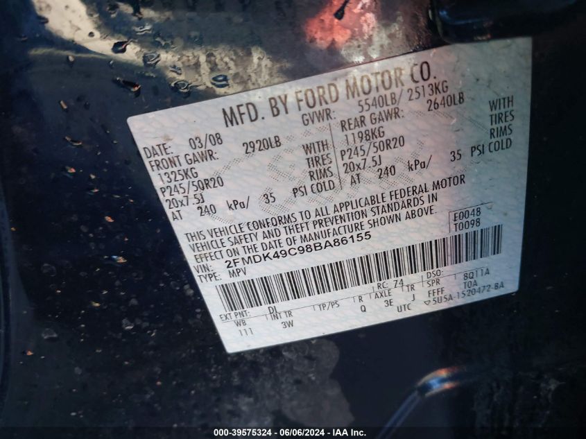 2008 Ford Edge Limited VIN: 2FMDK49C98BA86155 Lot: 39575324
