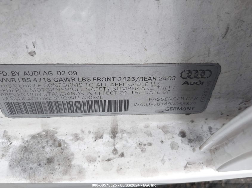 2009 Audi A4 2.0T Premium VIN: WAUJF78K49N059874 Lot: 39575325