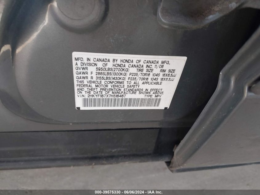 2007 Honda Pilot Ex-L VIN: 2HKYF187X7H516467 Lot: 39575330