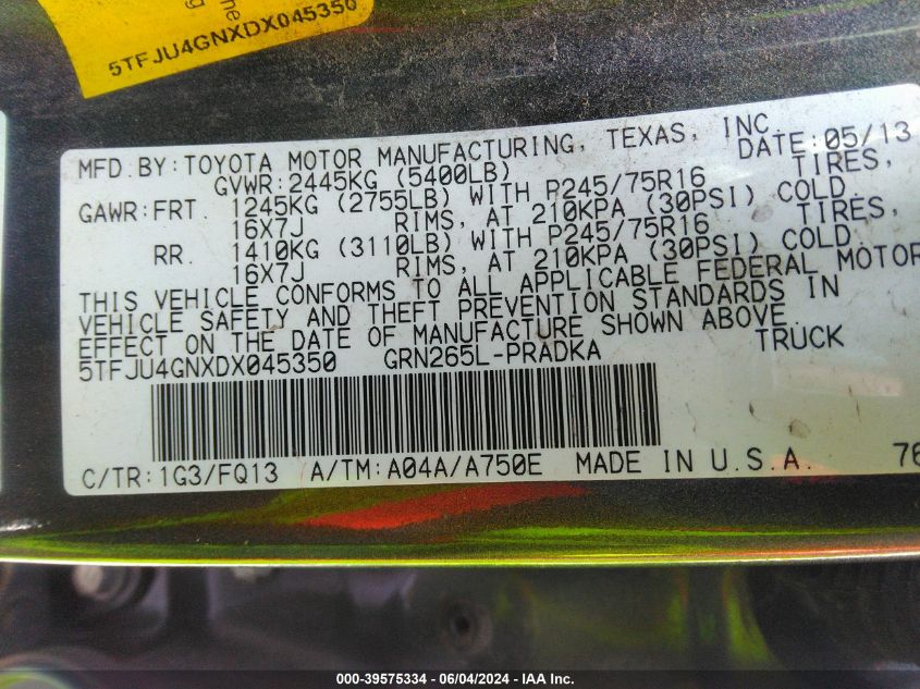 2013 Toyota Tacoma Prerunner V6 VIN: 5TFJU4GNXDX045350 Lot: 39575334