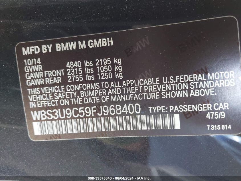 2015 BMW M4 VIN: WBS3U9C59FJ968400 Lot: 39575340