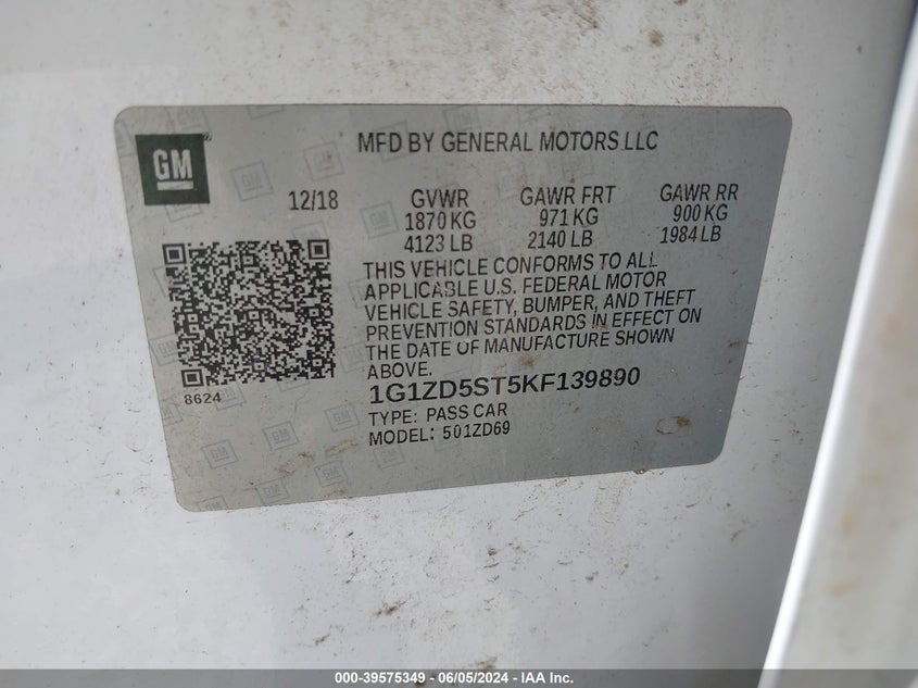 2019 Chevrolet Malibu Lt VIN: 1G1ZD5ST5KF139890 Lot: 39575349