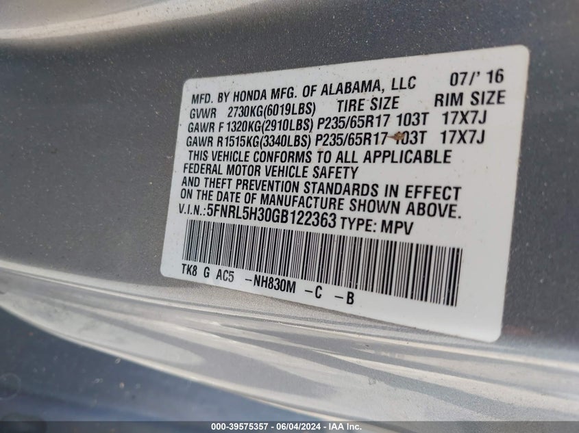 2016 Honda Odyssey Se VIN: 5FNRL5H30GB122363 Lot: 39575357
