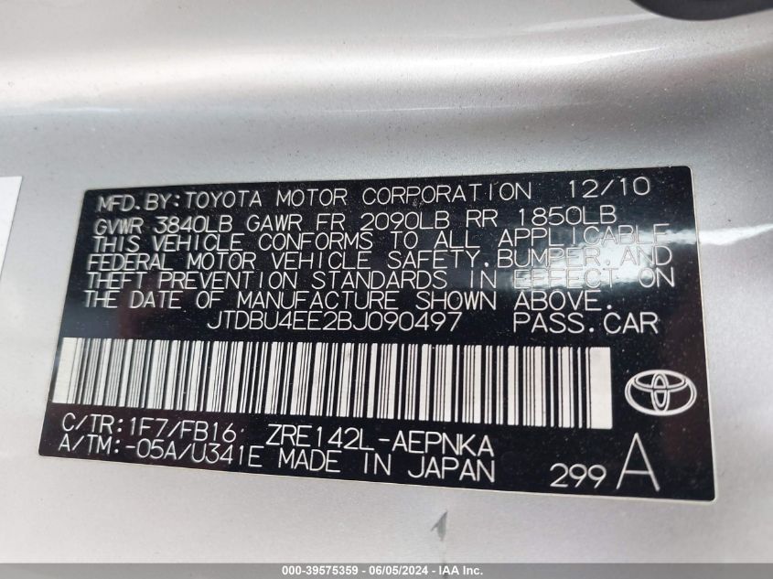 2011 Toyota Corolla Le VIN: JTDBU4EE2BJ090497 Lot: 39575359