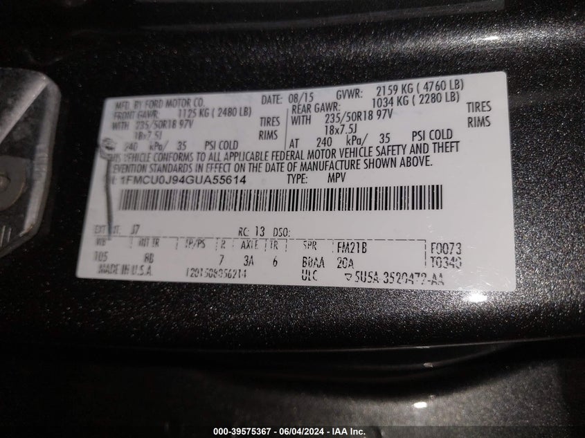 2016 Ford Escape Titanium VIN: 1FMCU0J94GUA55614 Lot: 39575367