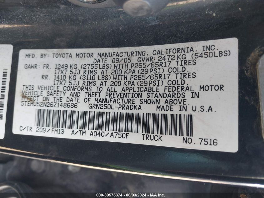 2006 Toyota Tacoma Base V6 VIN: 5TEMU52N26Z148686 Lot: 39575374