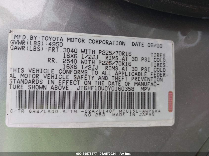 2000 Lexus Rx 300 VIN: JT6HF10U0Y0160358 Lot: 39575377