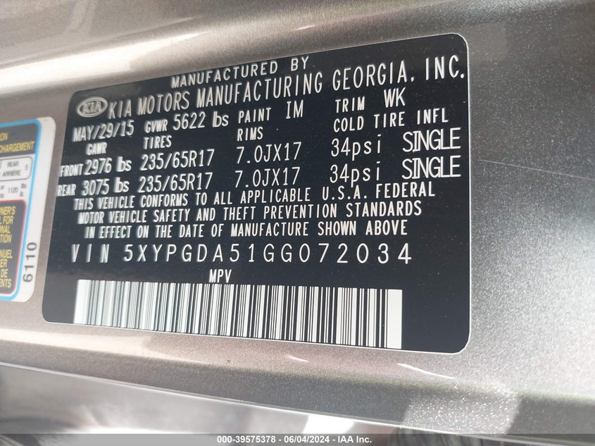 2016 Kia Sorento 3.3L Lx VIN: 5XYPGDA51GG072034 Lot: 39575378