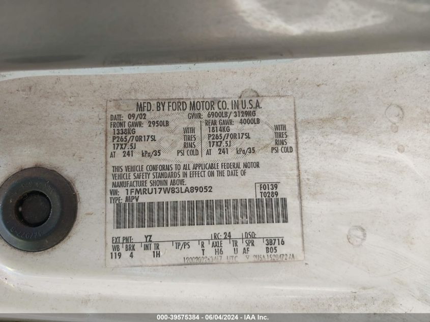 2003 Ford Expedition Eddie Bauer VIN: 1FMRU17W83LA89052 Lot: 39575384