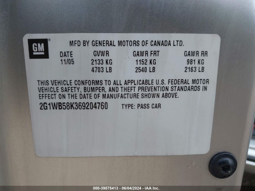 2006 Chevrolet Impala Ls VIN: 2G1WB58K369204760 Lot: 39575413