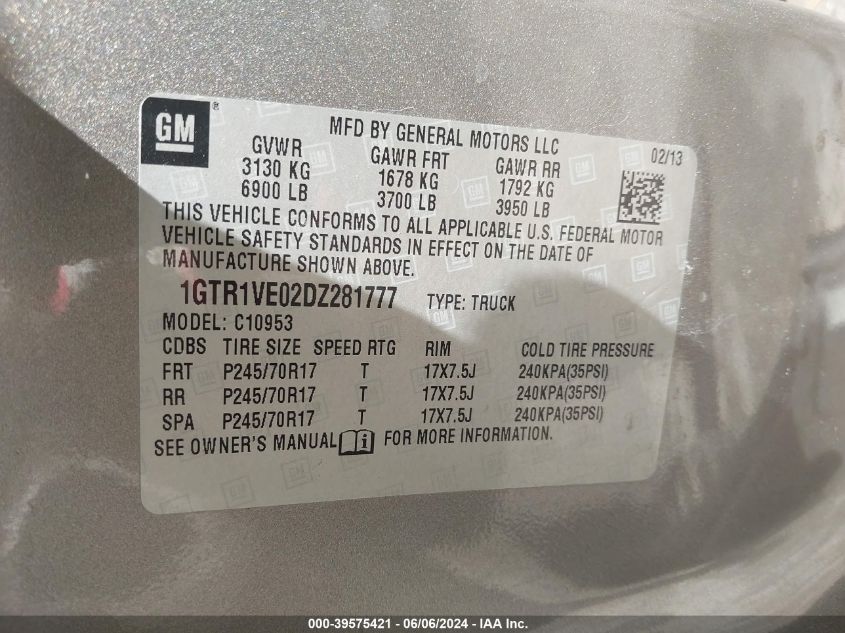 2013 GMC Sierra 1500 Sle VIN: 1GTR1VE02DZ281777 Lot: 39575421