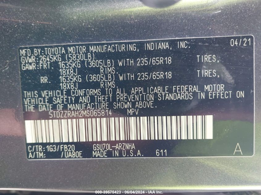 2021 Toyota Highlander Le VIN: 5TDZZRAH2MS065814 Lot: 39575423