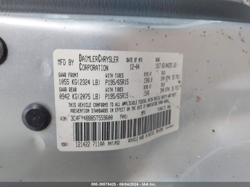 2005 Chrysler Pt Cruiser VIN: 3C4FY48B85T559600 Lot: 39575425