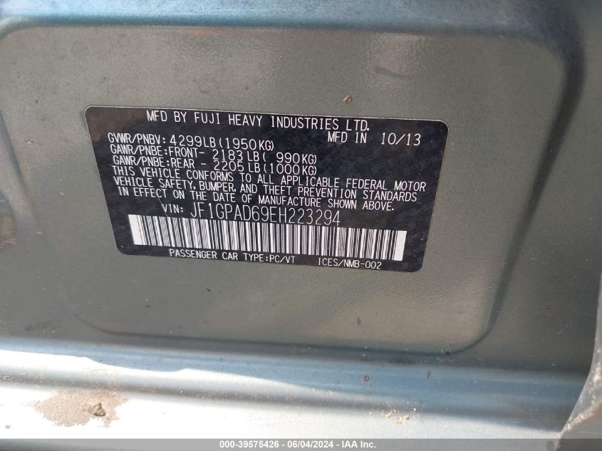 2014 Subaru Impreza 2.0I Premium VIN: JF1GPAD69EH223294 Lot: 39575426