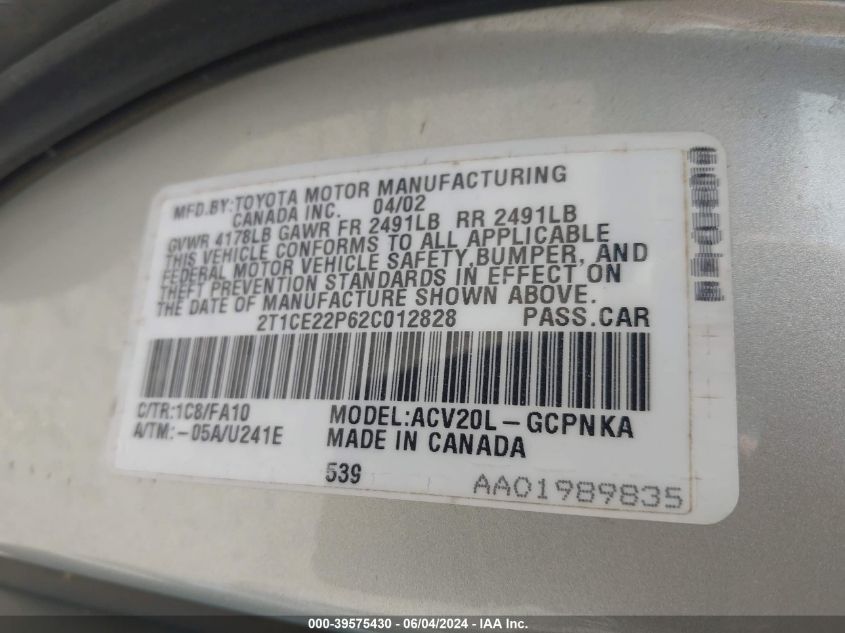 2002 Toyota Camry Solara Se VIN: 2T1CE22P62C012828 Lot: 39575430