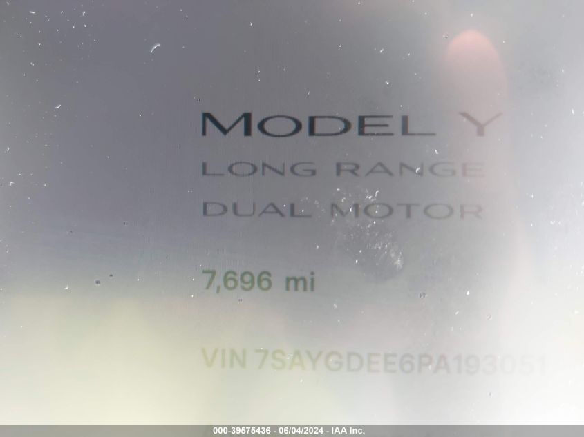 2023 Tesla Model Y Awd/Long Range Dual Motor All-Wheel Drive VIN: 7SAYGDEE6PA193051 Lot: 39575436