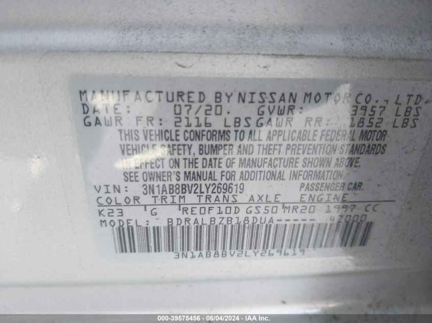 2020 Nissan Sentra S Xtronic Cvt VIN: 3N1AB8BV2LY269619 Lot: 39575456