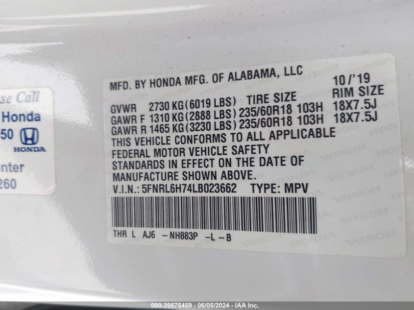 2020 Honda Odyssey Ex-L/Ex-L W/Navi Res VIN: 5FNRL6H74LB023662 Lot: 39575459