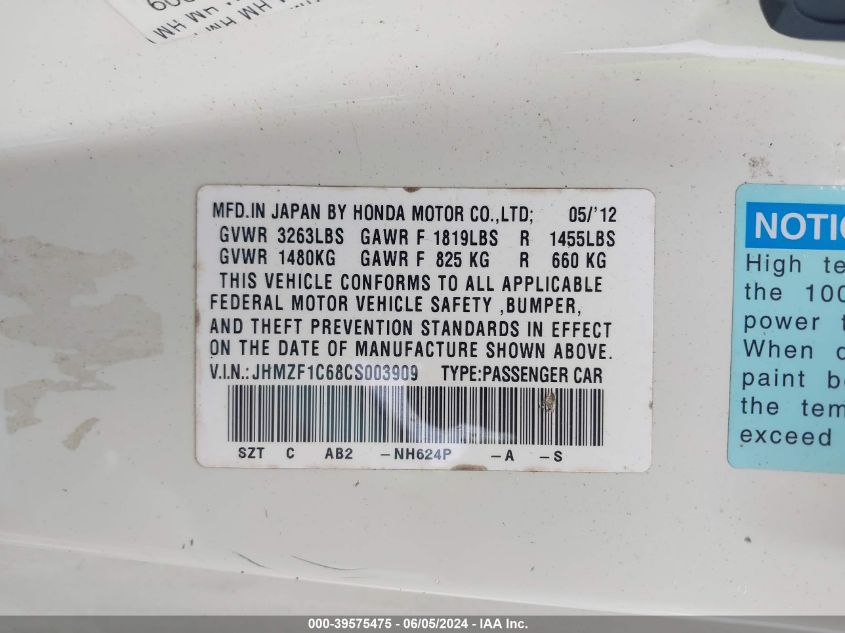 2012 Honda Cr-Z Ex VIN: JHMZF1C68CS003909 Lot: 39575475