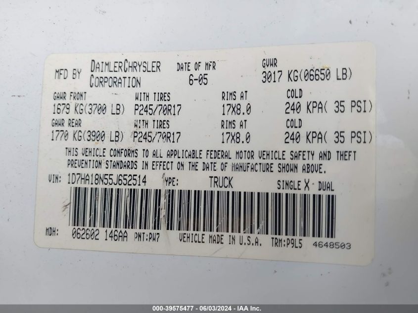 2005 Dodge Ram 1500 St VIN: 1D7HA18N55J652514 Lot: 39575477